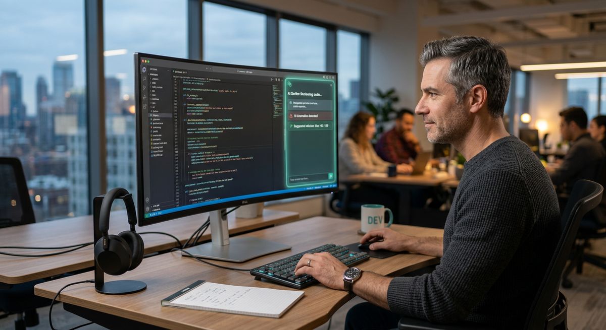 Senior-Entwickler arbeitet mit KI-gestütztem Code-Review an einem modernen Arbeitsplatz – Zukunft der Softwareentwicklung ohne klassische Junior-Rollen